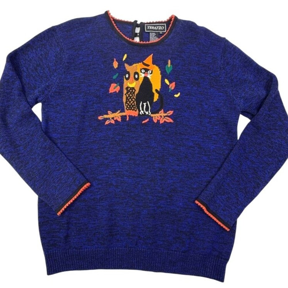 VTG Terazzo Halloween Sweater Black Cat Owl Embroidered Applique Autumn Leaves M